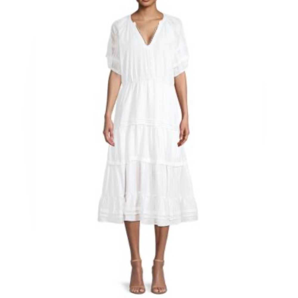 Betsey Johnson Tiered Maxi White Speckled Dress Puff Sleeves, size M (no belt)